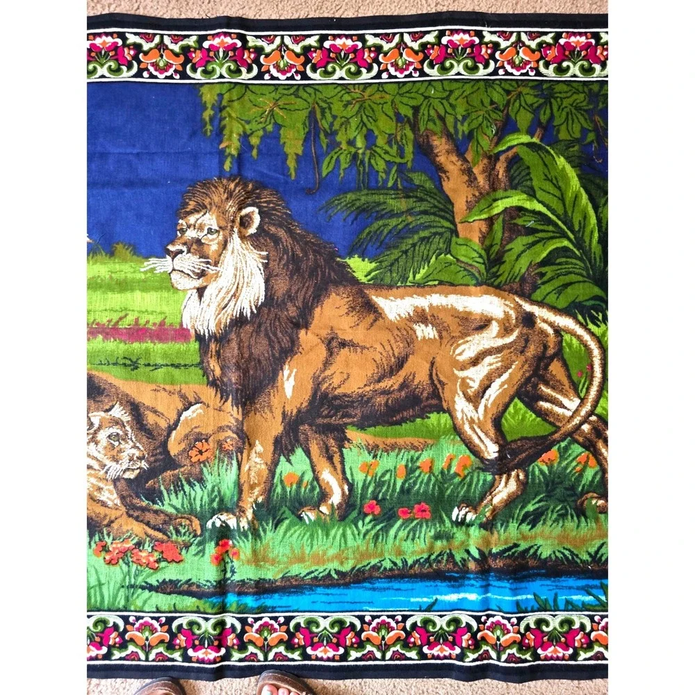 Vintage Lion Family Jungle Woven Wall Hanging Tapestry 58x38 Safari Wildlife